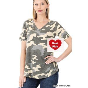 Short Sleeve Camo T-Shirt V-Neck - Round Hem Gray Camouflage